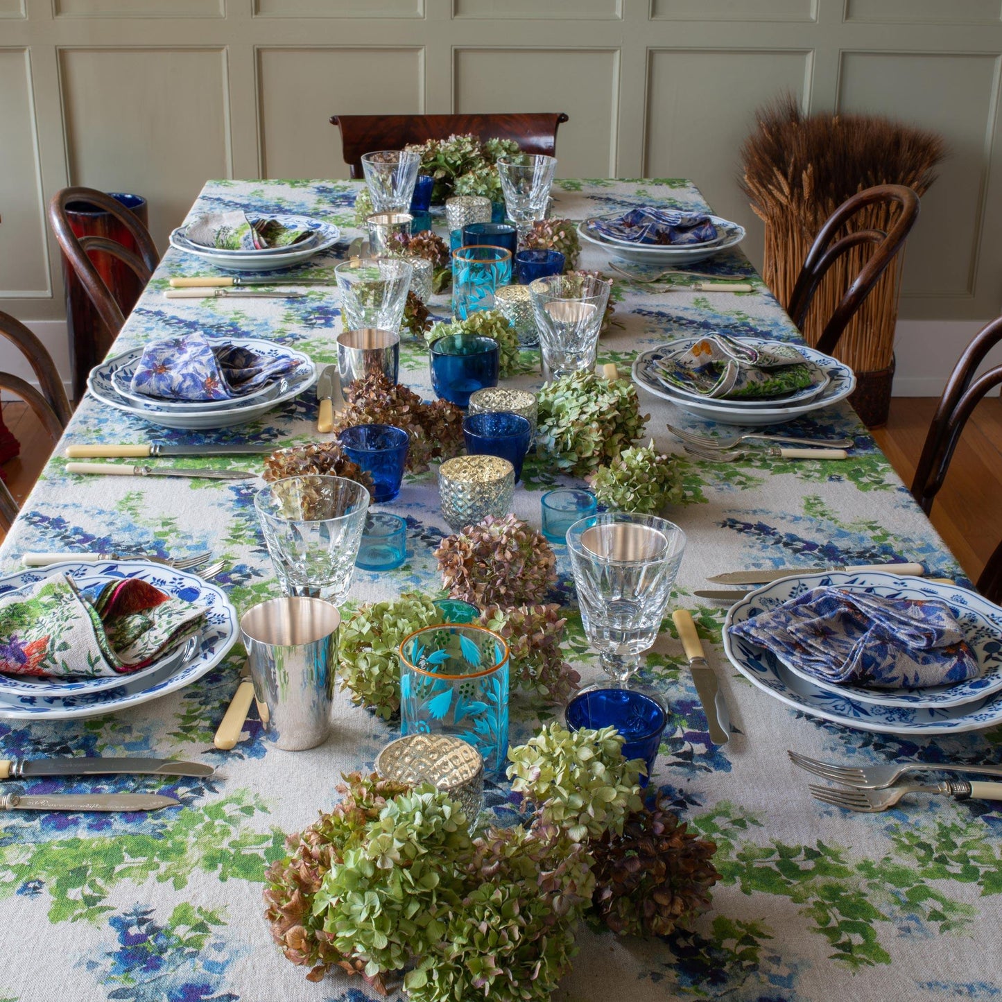 Blue and green organic linen table scape