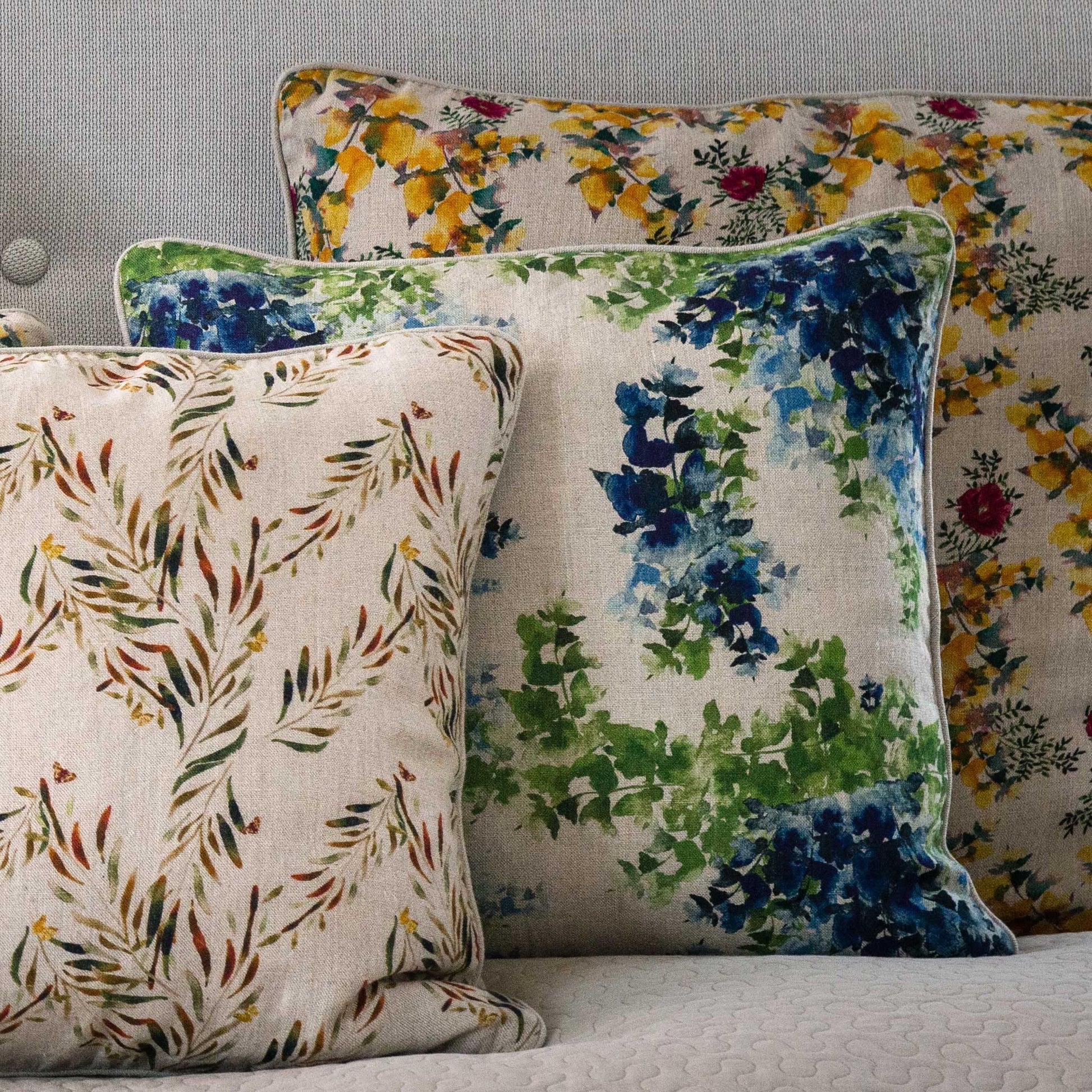 Blue and green flower print greige linen pillow cover.