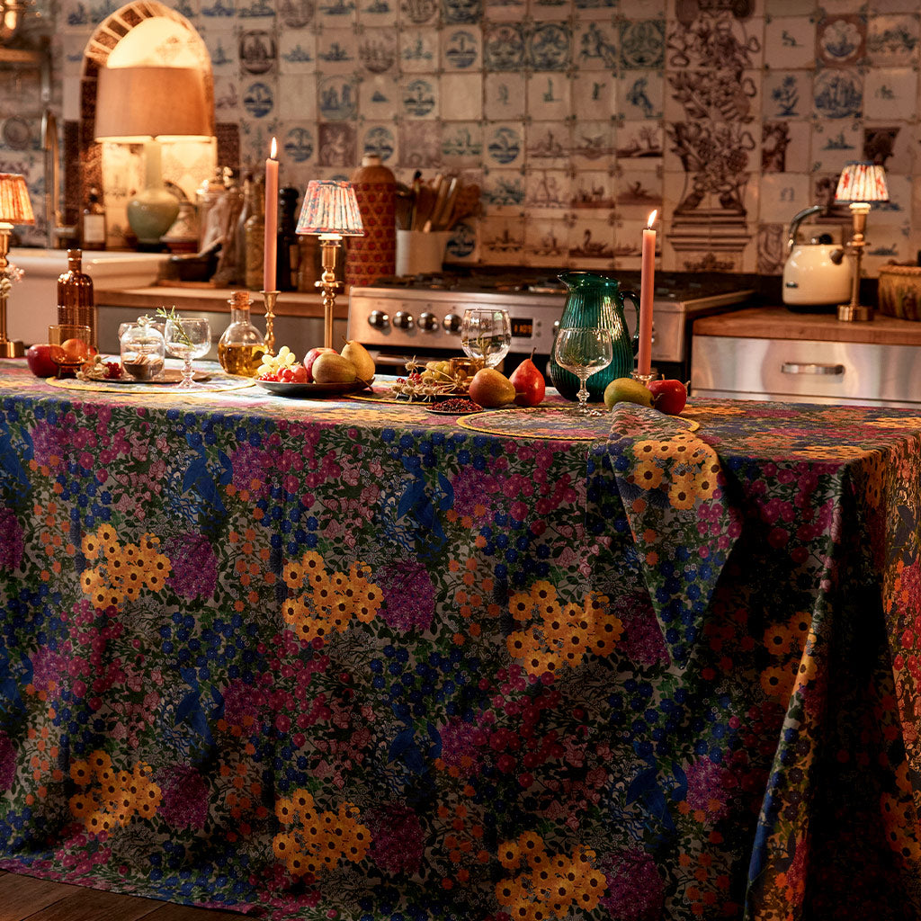 Floral tablecloth in a maximalist setting