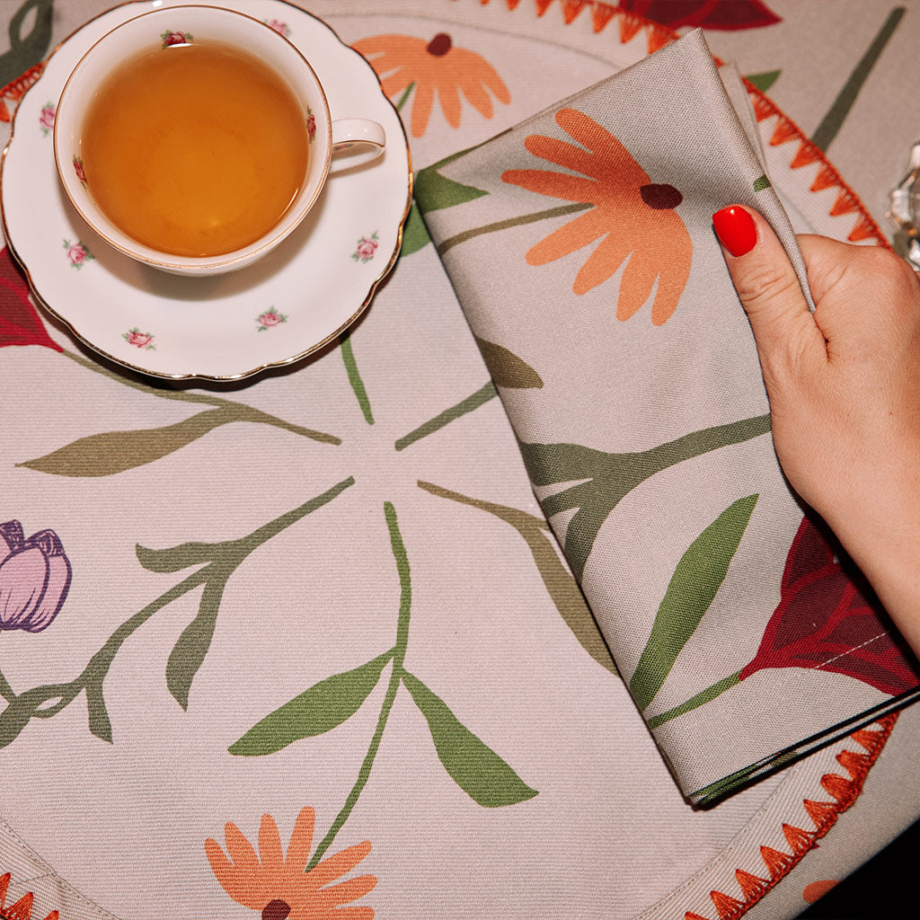 White napkin with floral design