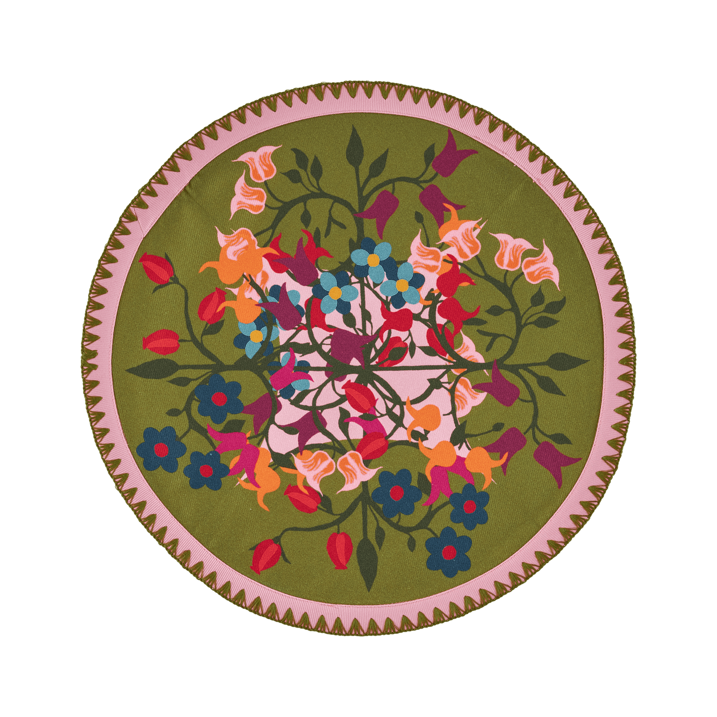Round placemat with green and pink floral geometric print in organic cotton.
