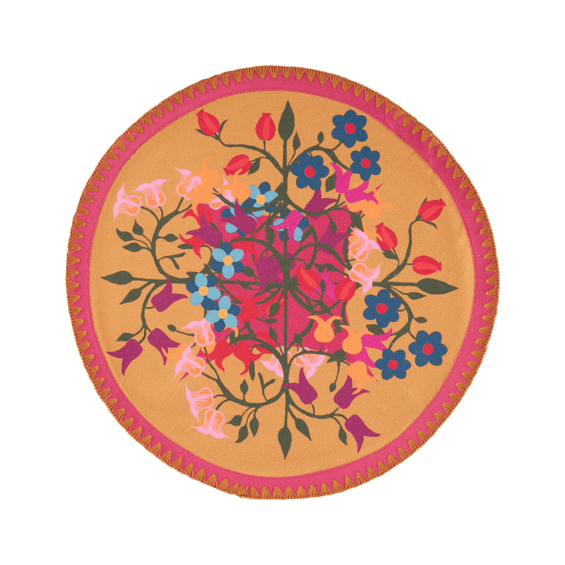Round organic cotton placemat in orange and bordeaux floral geometric print.