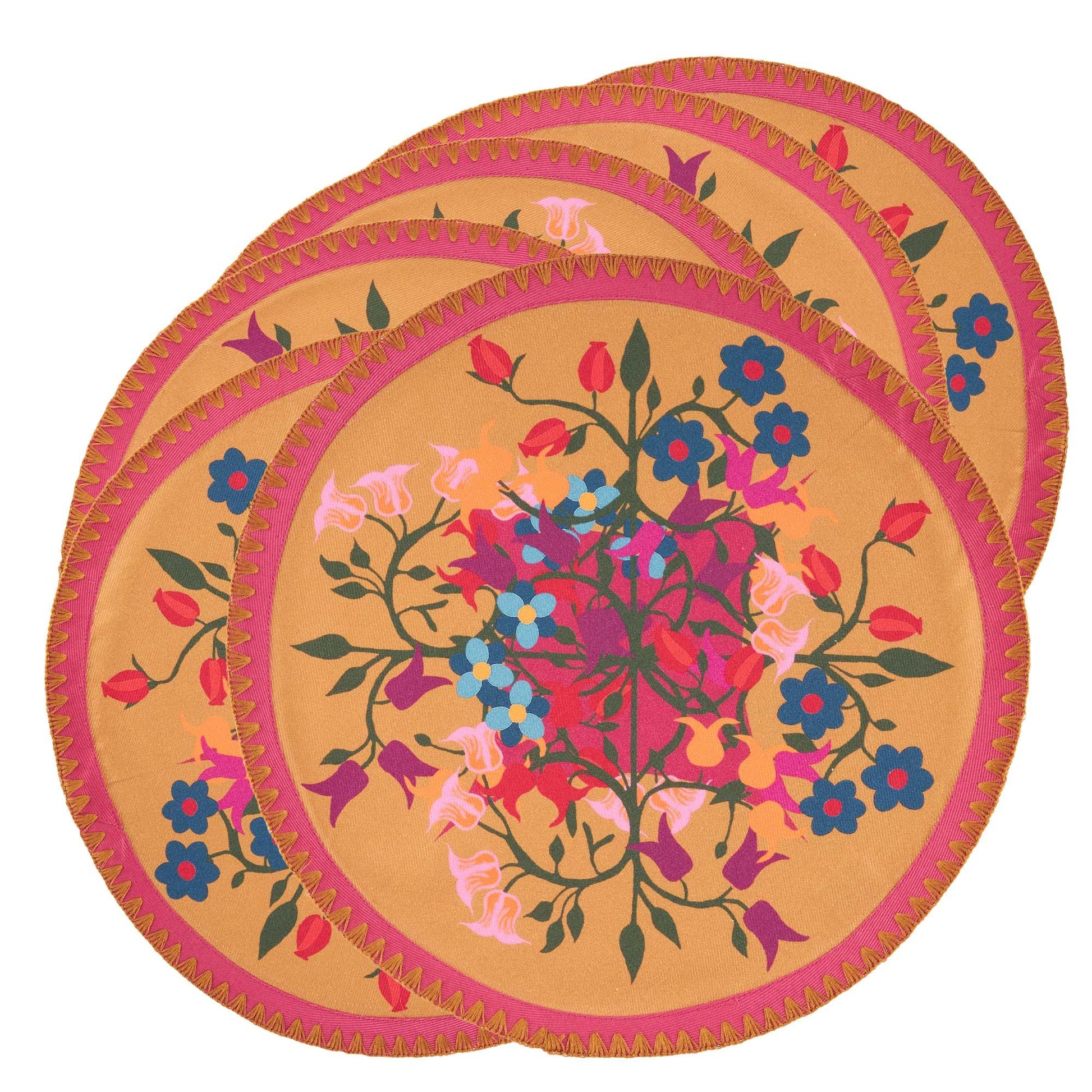 6 round placemats in organic cotton printed with orange and bordeaux floral motifs.