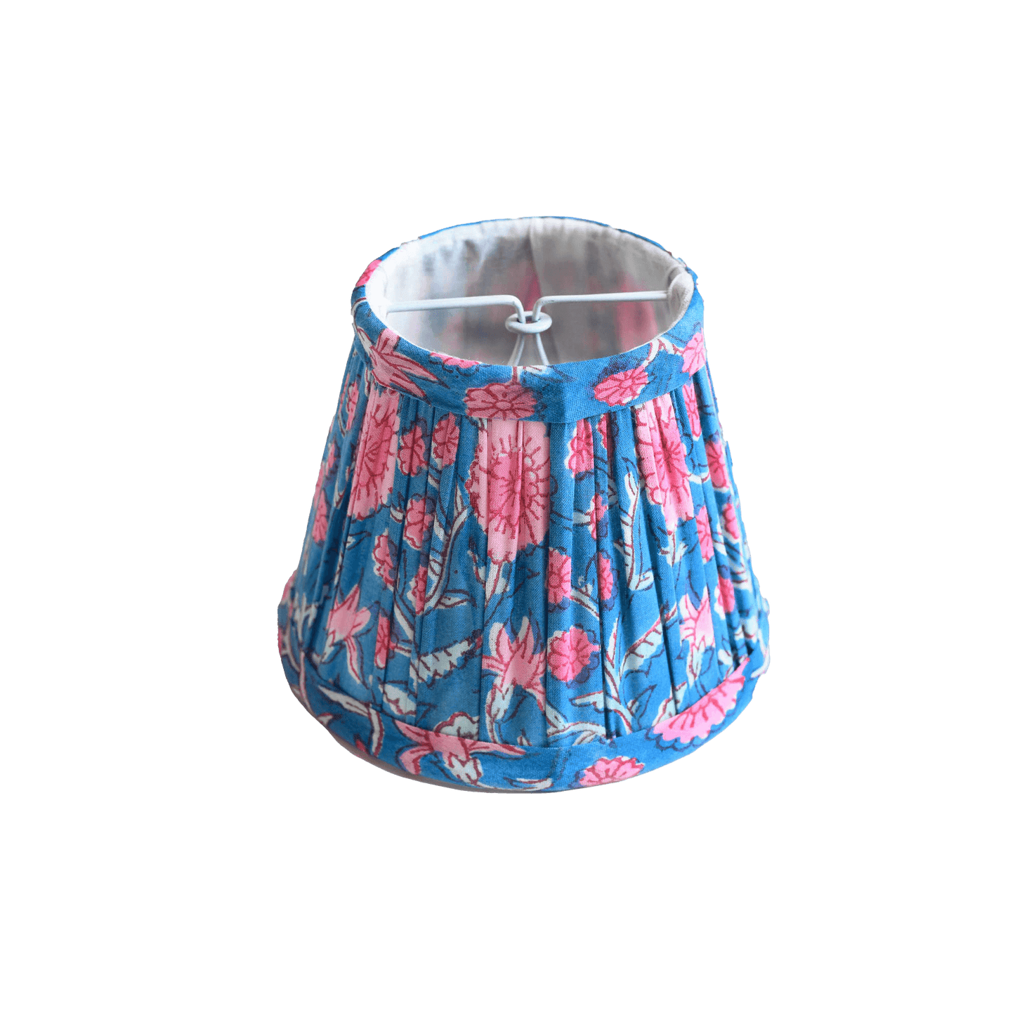 Hand block printed organic cotton pleated chandelier lampshade in blue and pink.