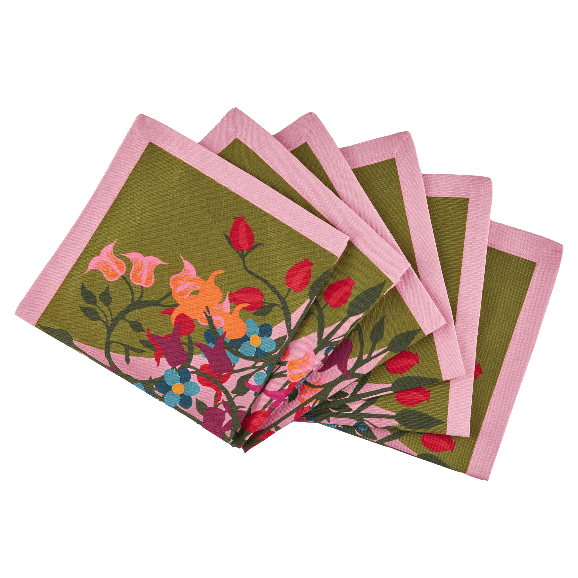 Six organic cotton napkins printed with green and pink floral and geometric motifs