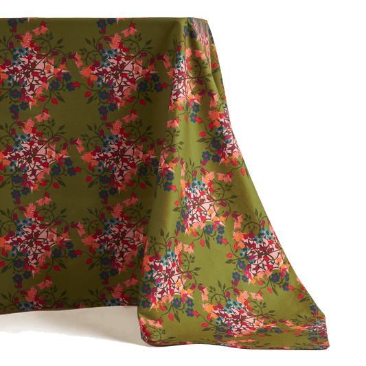 Floral green printed organic cotton tablecloth.