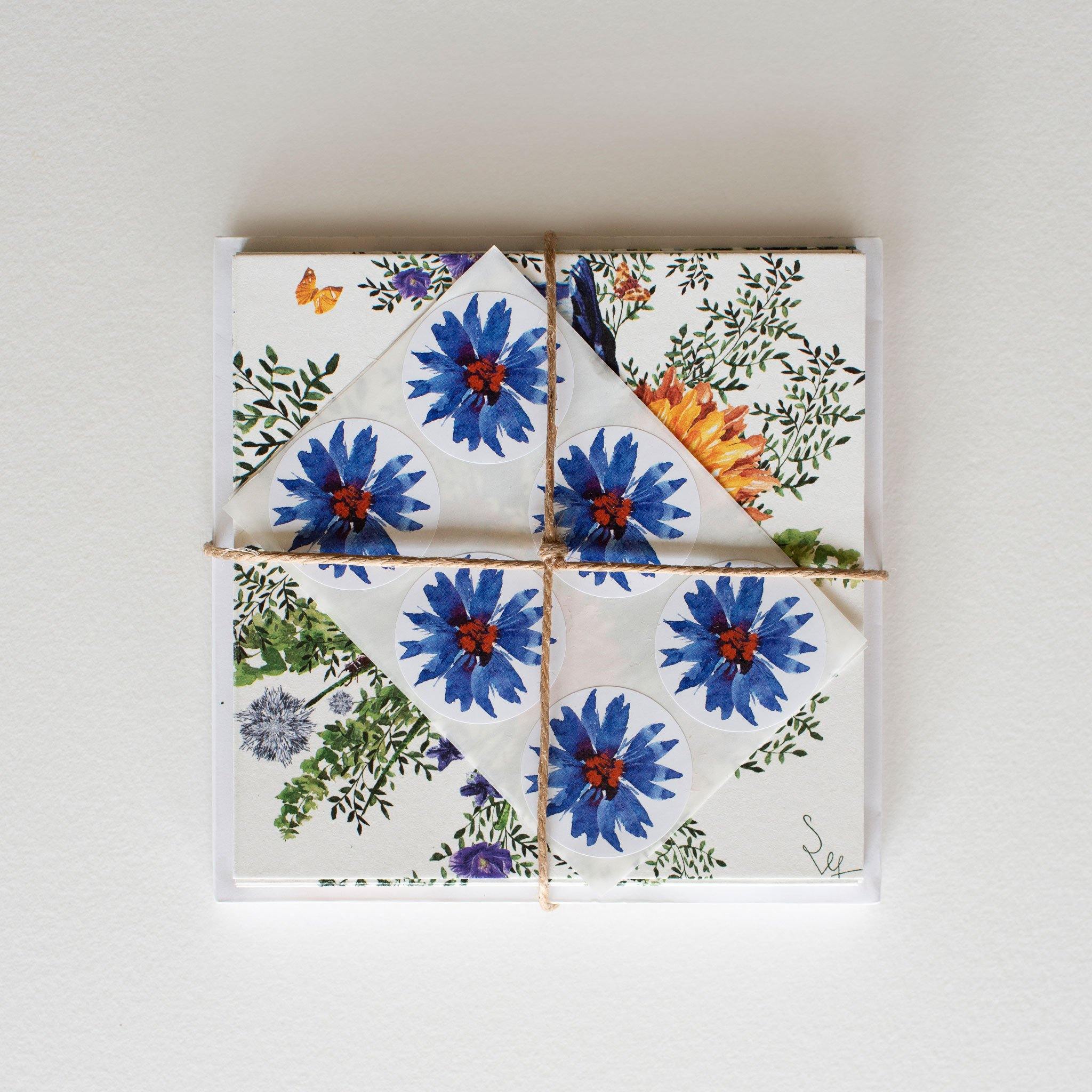 Pack of twelve illustrated folded square cards with matching envelopes and round illustrated stickers to close.