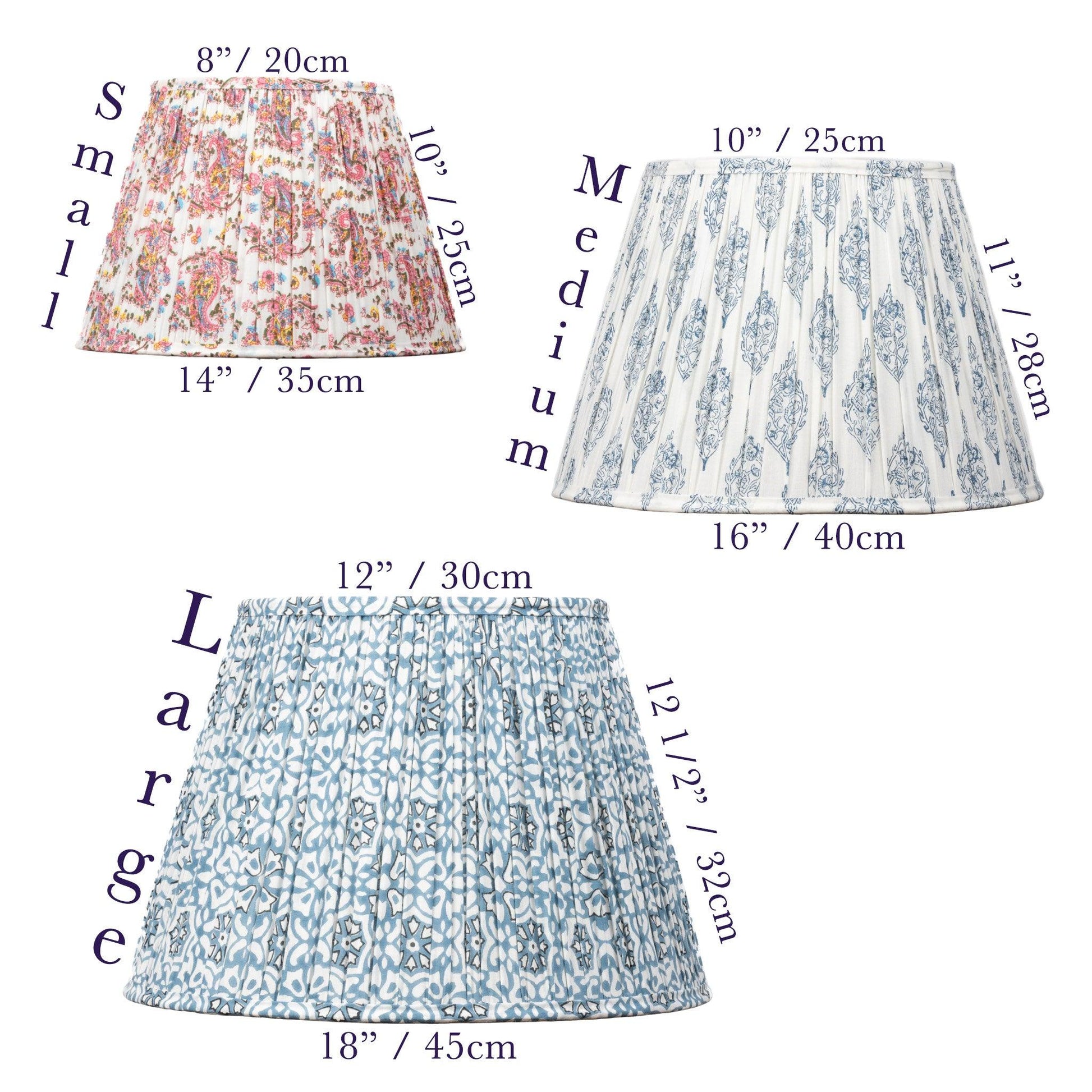 Size chart for organic cotton pleated lampshades that come in small, medium, large empire style.