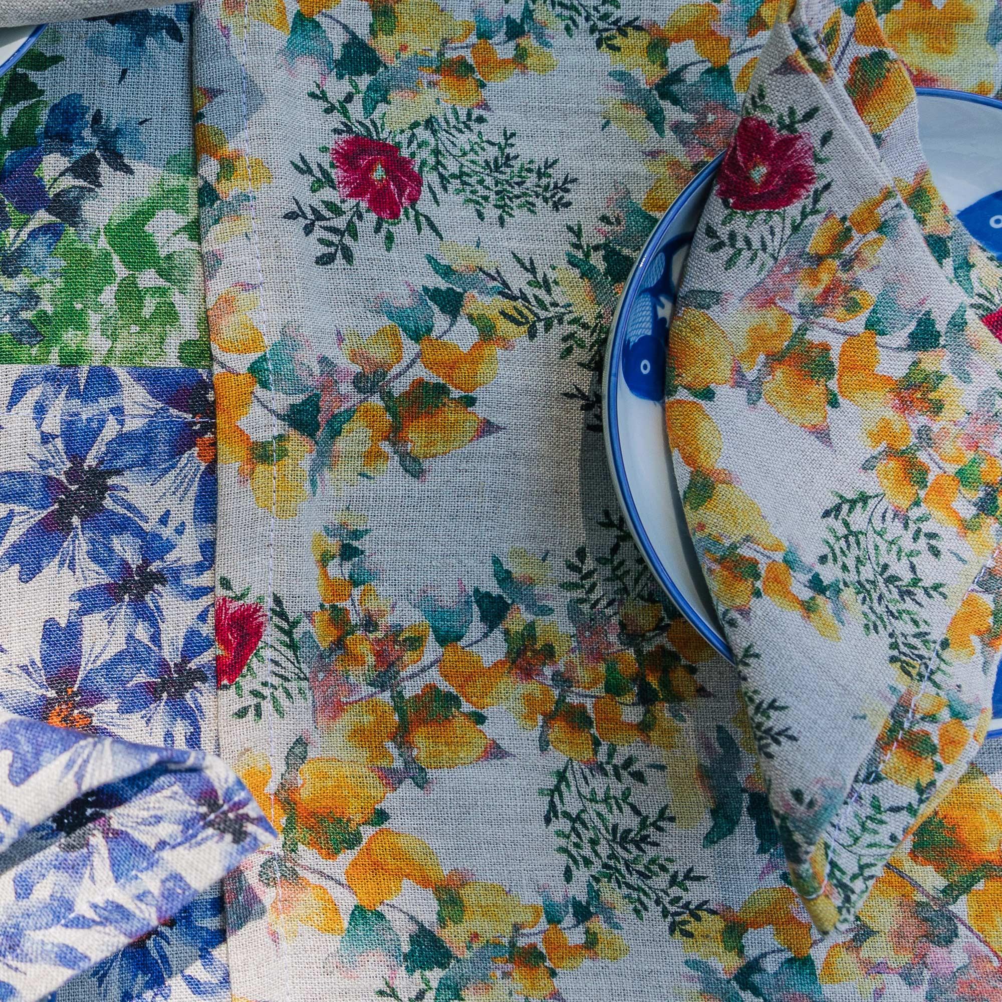 Close up of an organic linen placemat, printed with low impact dyes, ethically made in India and the USA, designed by Sophie Williamson Design.