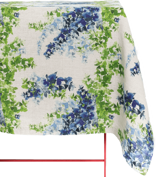 Organic Linen Tablecloth in Blue and Green Wisteria Print